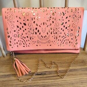 Salmon Fold Over Clutch/Crossbody Bag with Gold Laser Cutouts